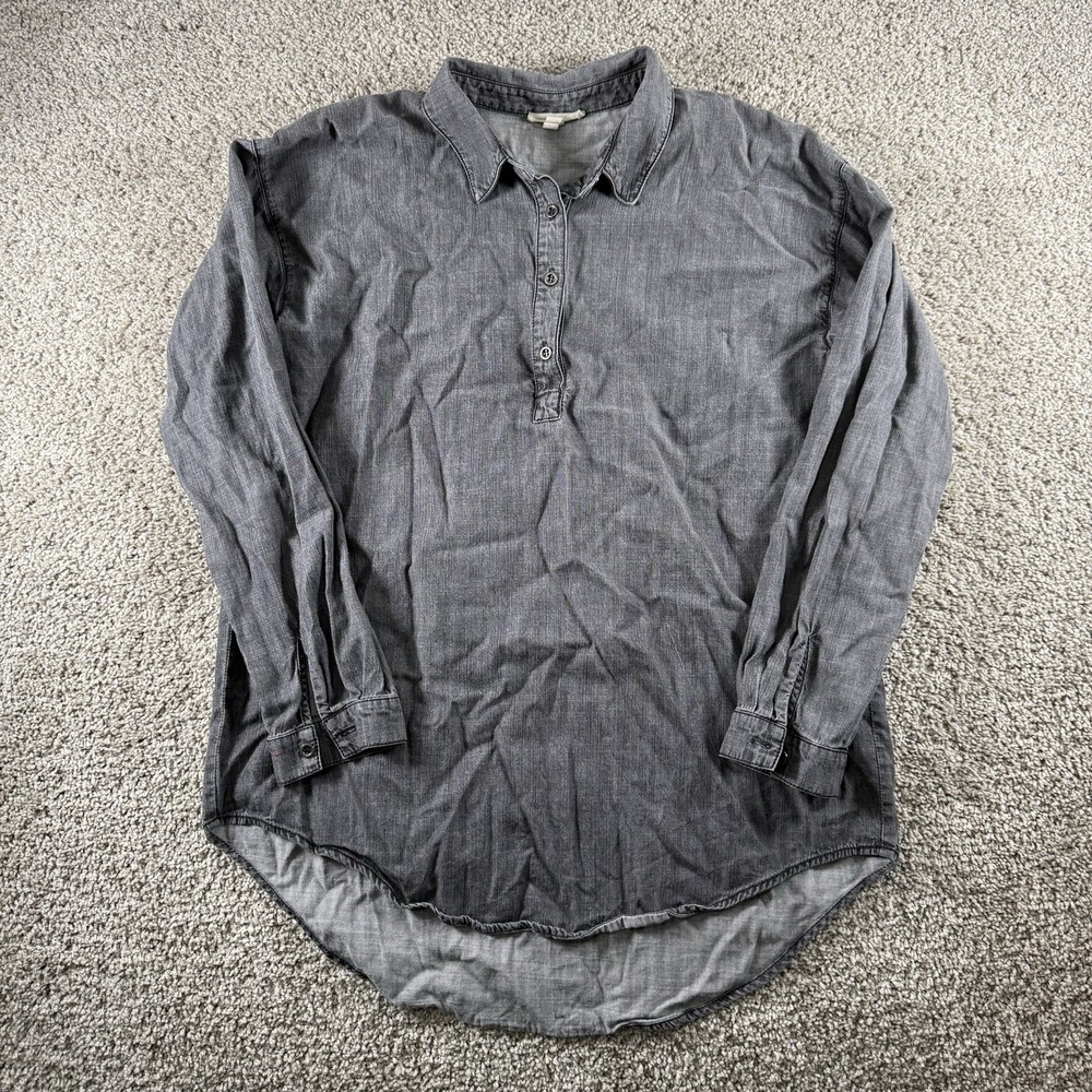 Eileen Fisher Top Womens Small Gray Chambray Tunic Popover Shirt Long Sleeve